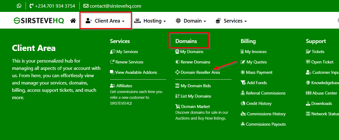 Step 1 - Domain Reseller Area Screenshot