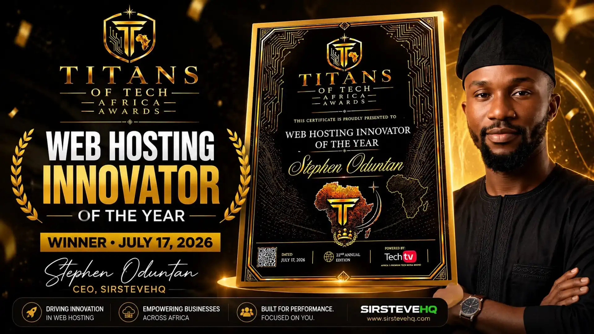 Stephen Oduntan Wins Web Hosting Innovator of the Year at TOTA 2026