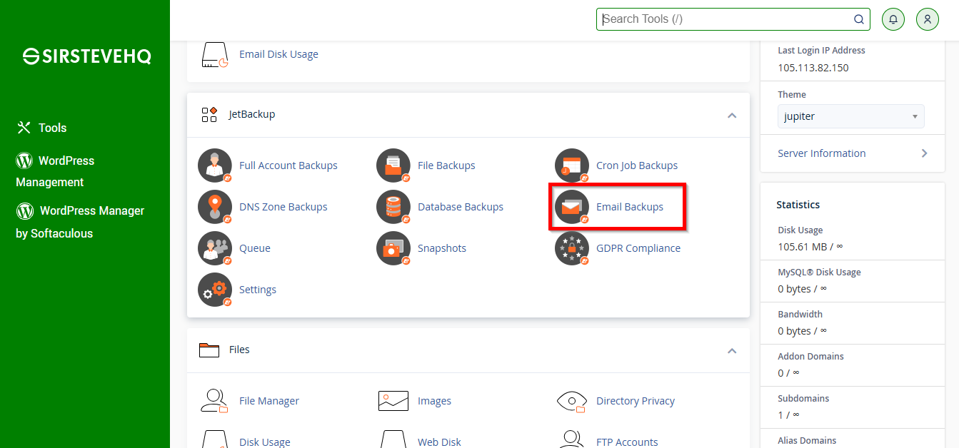 Access Email Backups feature in JetBackup