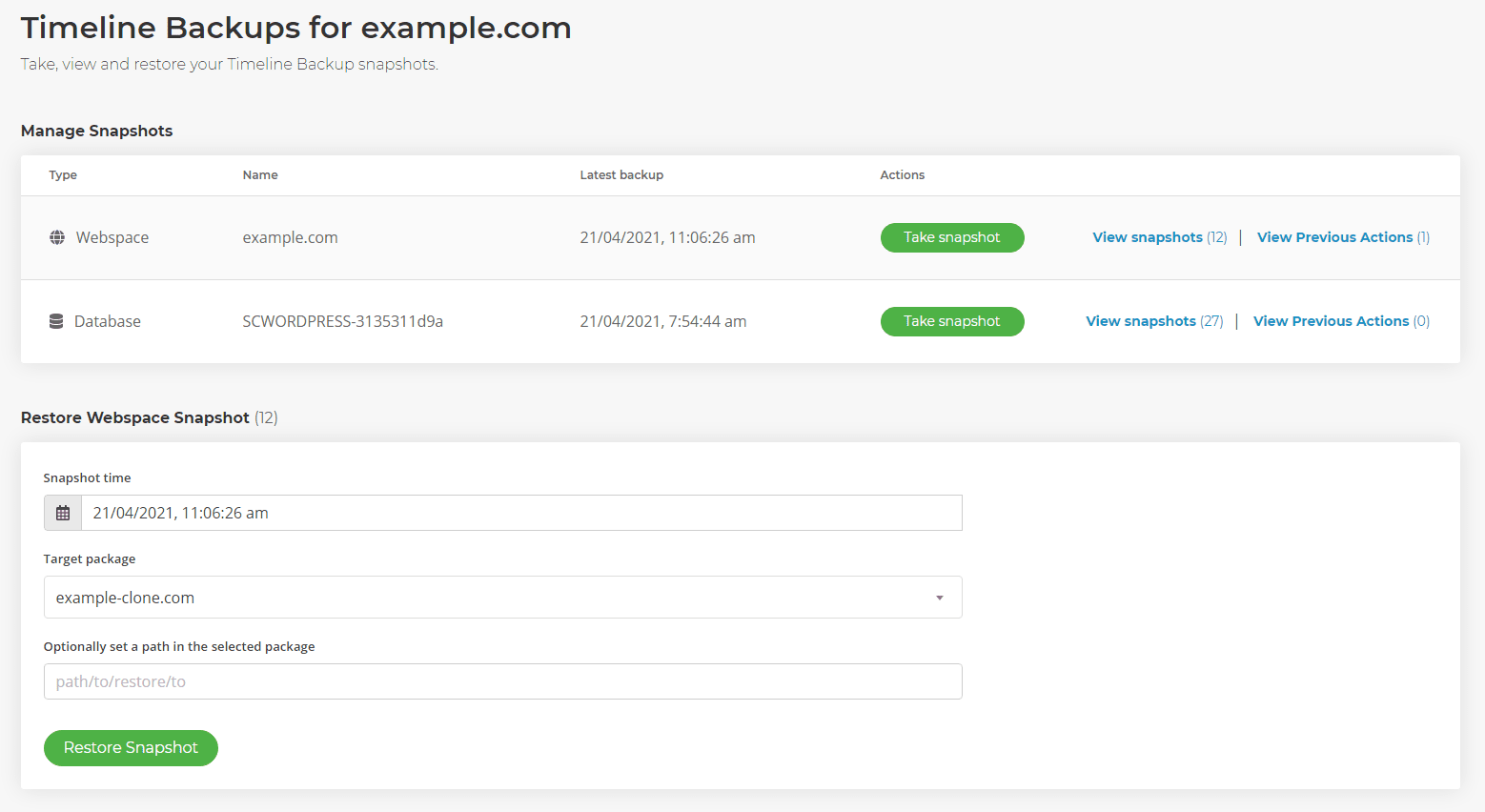 Website cloning via timeline backups