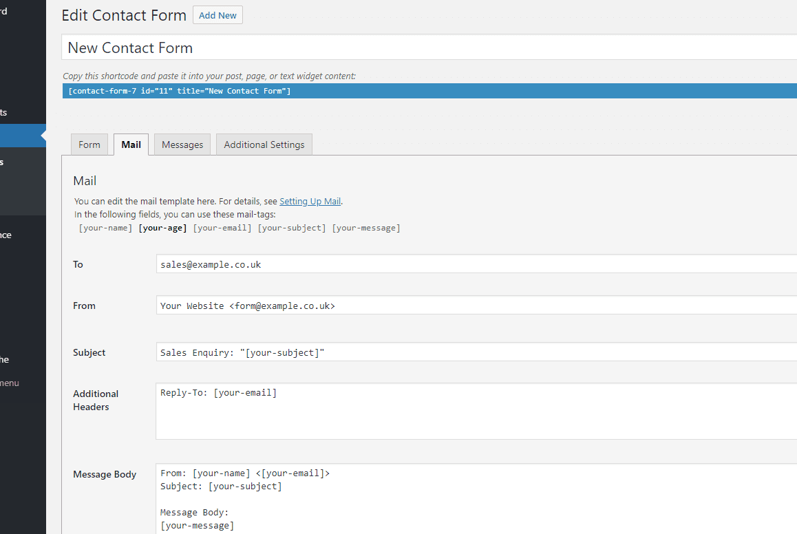 Contact form email settings in WordPress