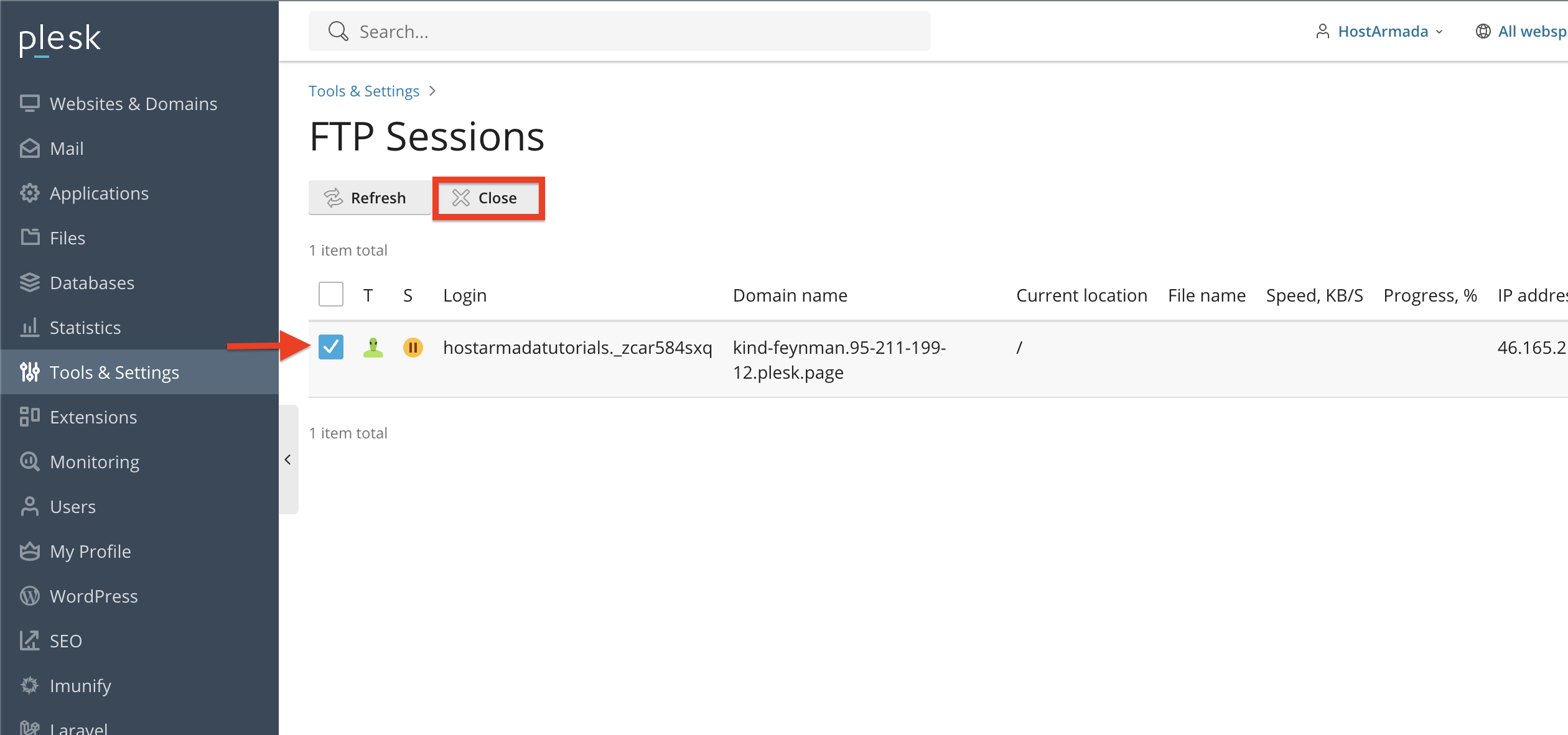 How to manage active FTP sessions in Plesk - SIRSTEVEHQ