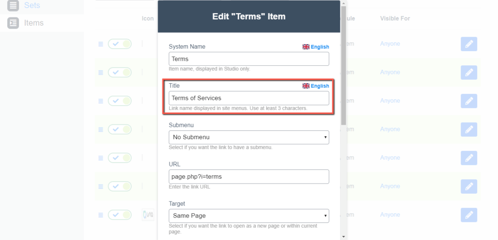 Edit Menu Item Title