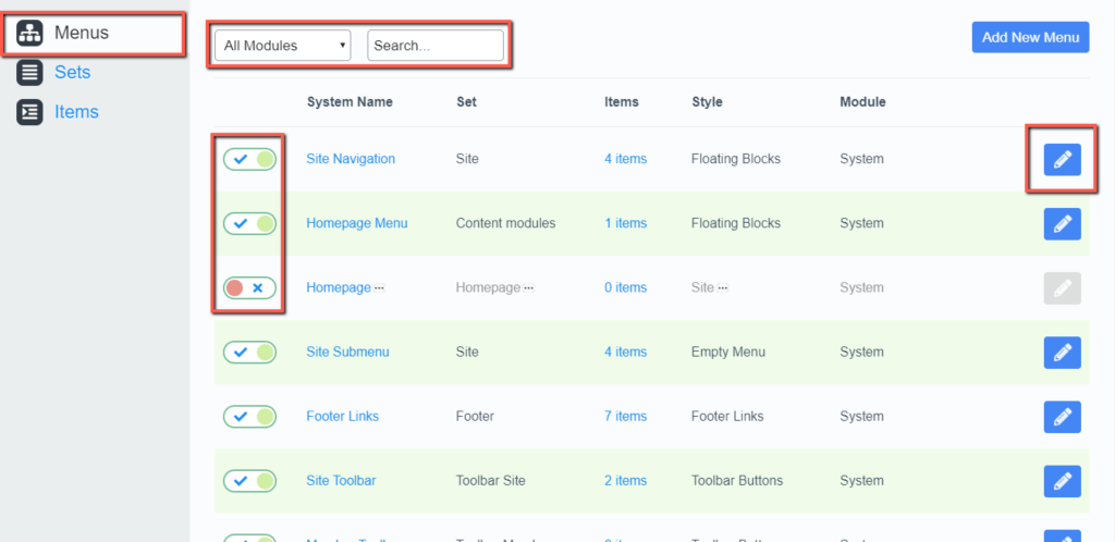 Menus Tab Overview