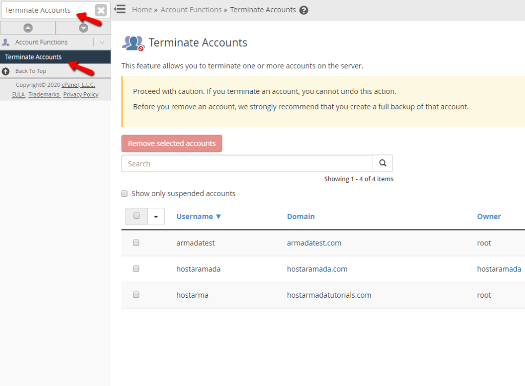 Accessing the Terminate Accounts feature