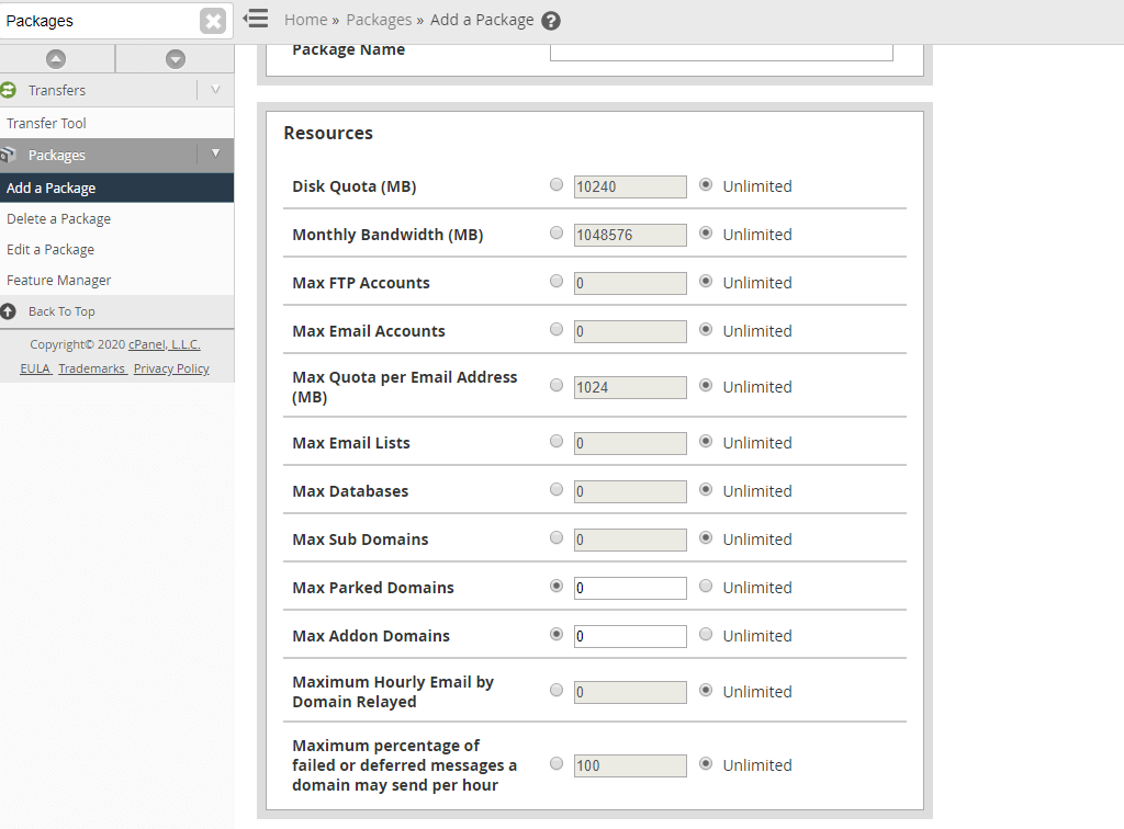 Package Resources section