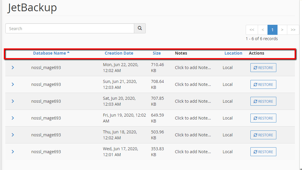 Available Database Backups in JetBackup