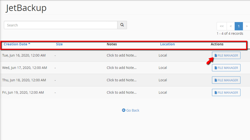 List of available file backups in the JetBackup feature