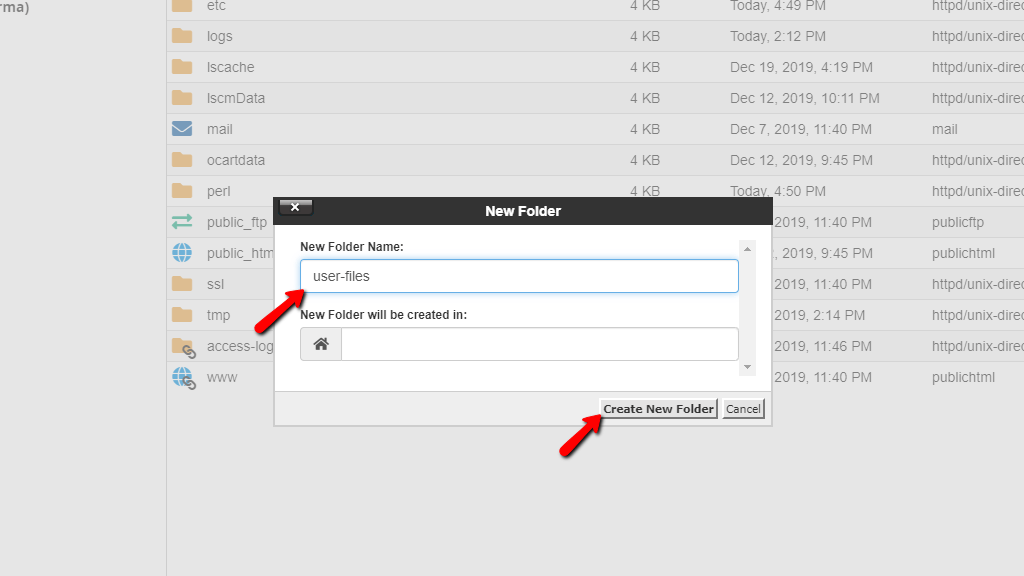 File Manager - Configuring New Folder