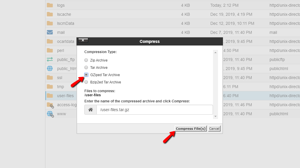 File Manager - Configuring Compressions