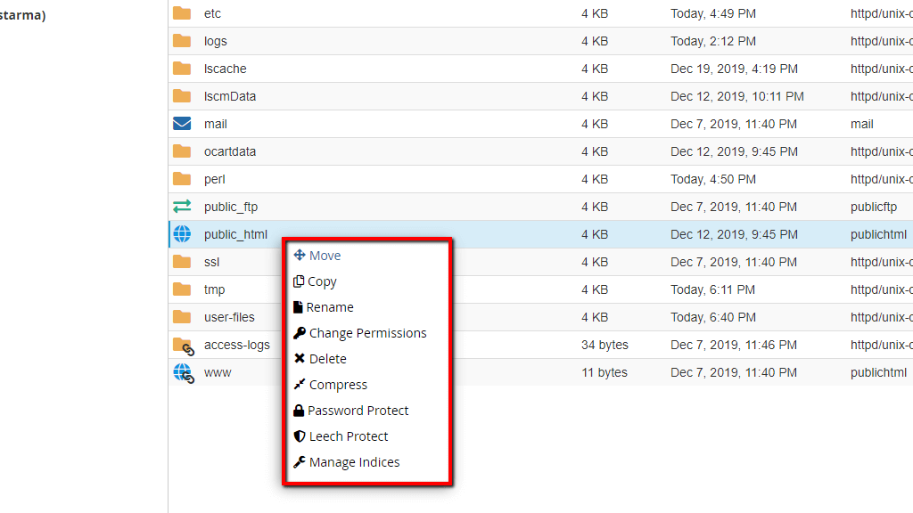 File Manager Drop-Down List