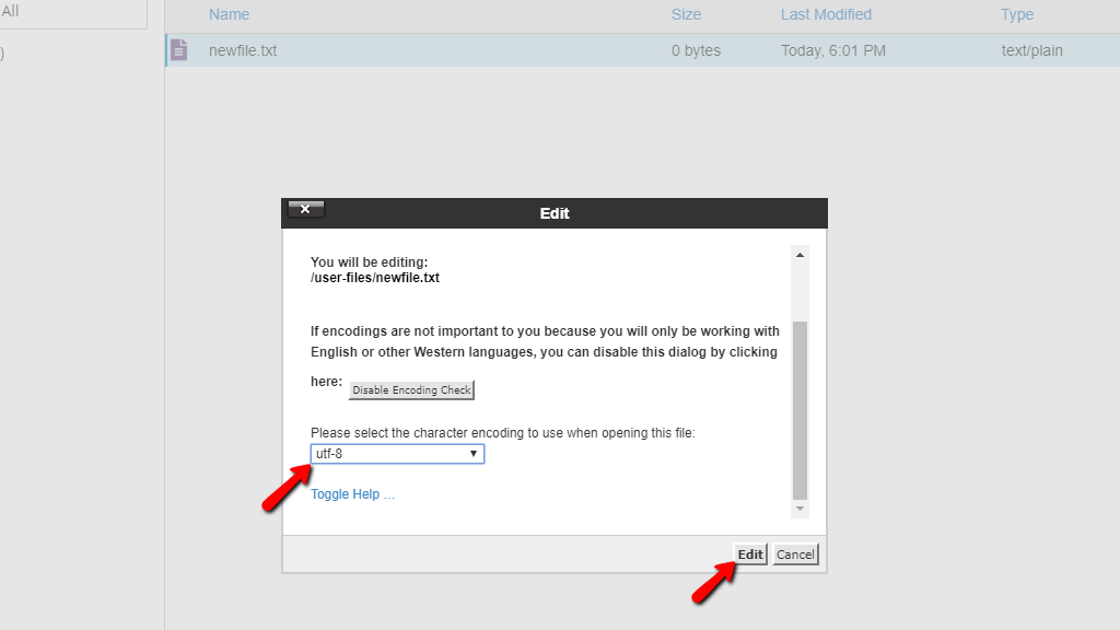 File Manager - Choosing File Encoding