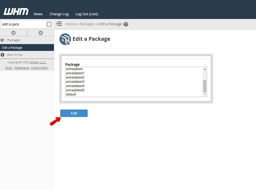 Selecting Package to edit