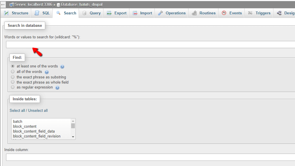 Enter Database search string