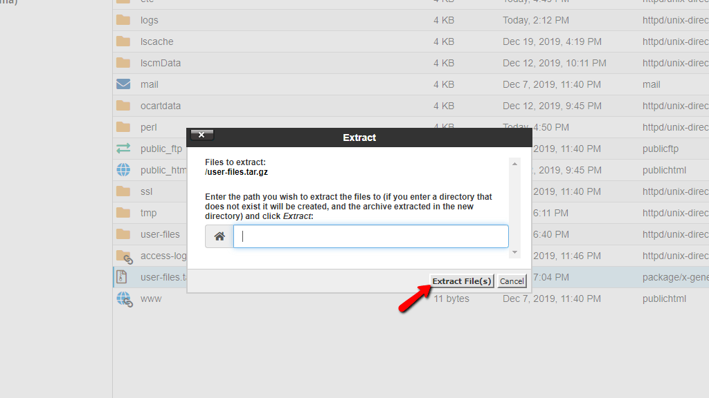 File Manager - Extraction Location