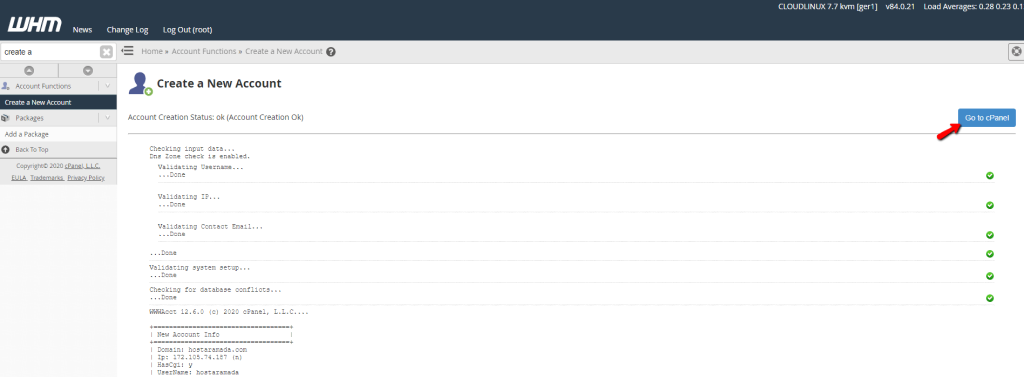 Go to cPanel button