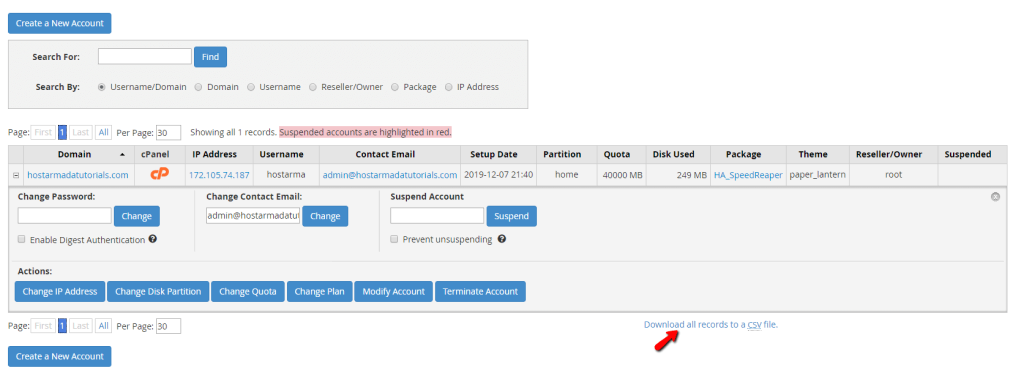 Download all records to a CSV file option