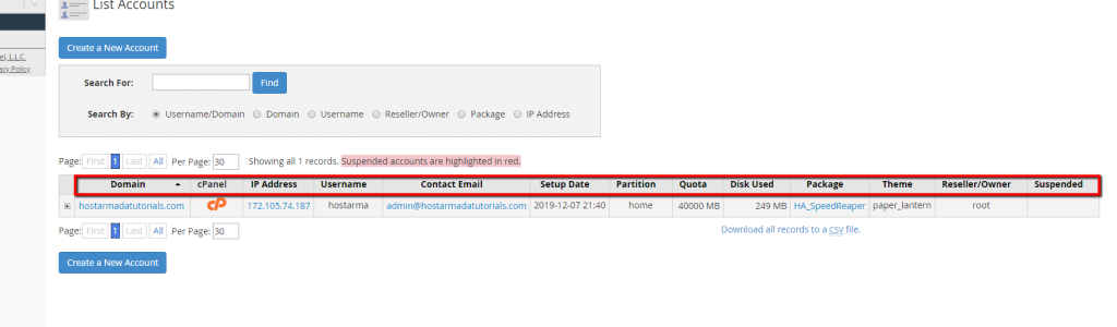 List Accounts Information bar
