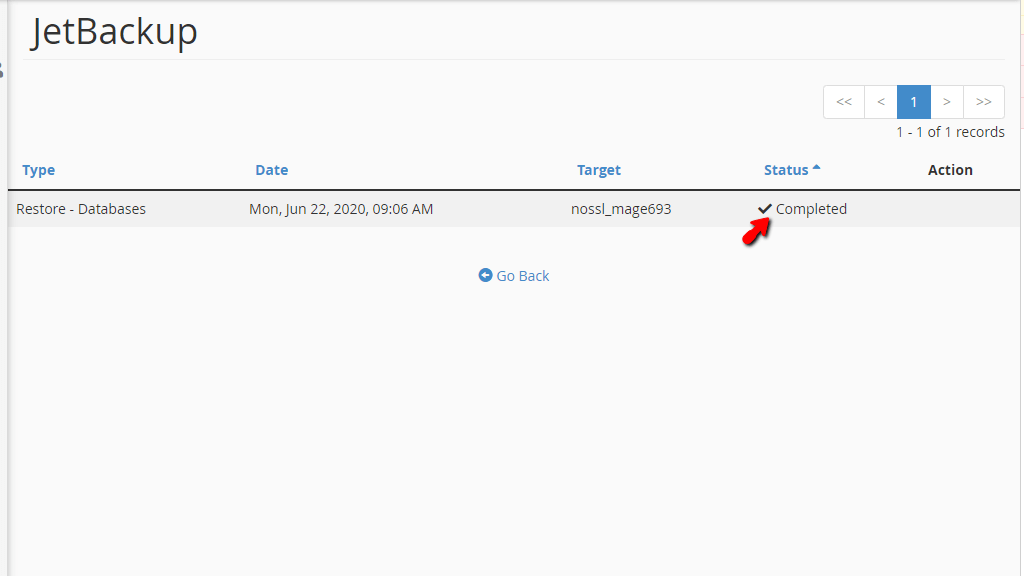 List of restored backups in JetBackup Queue feature