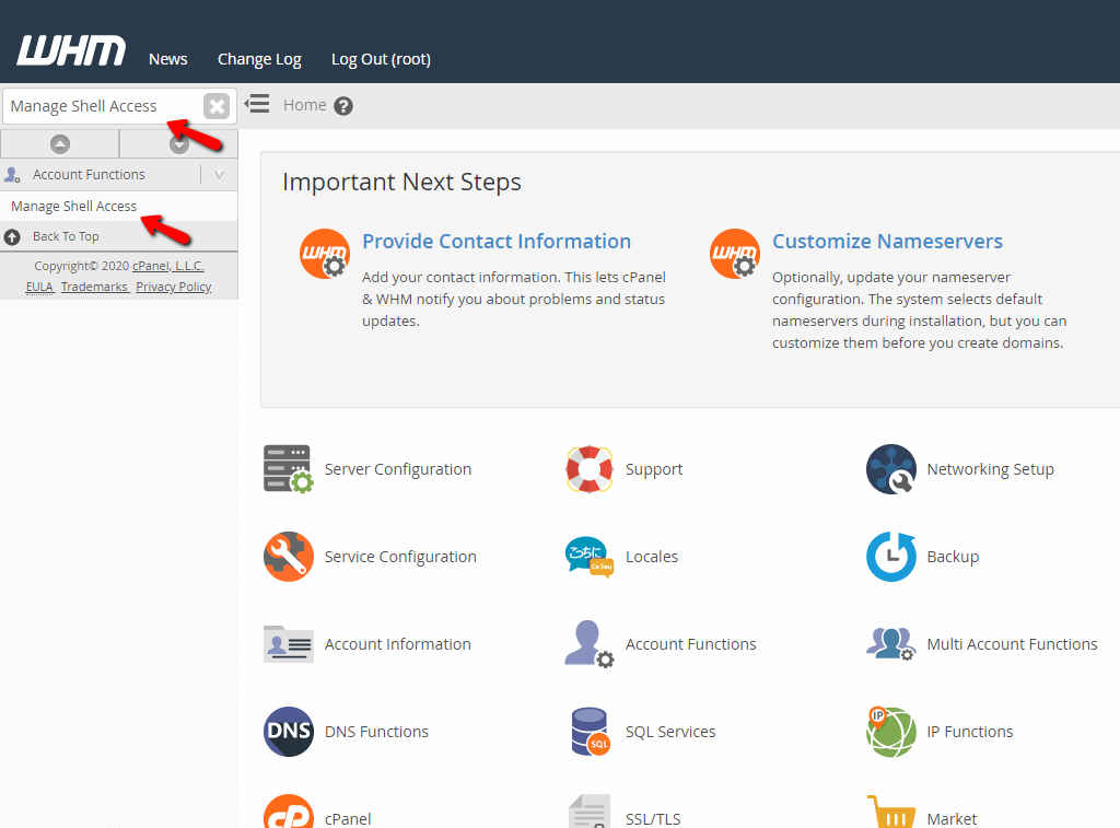 Accessing the Manage Shell Access feature