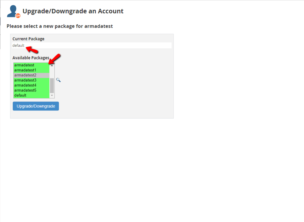 Modifying the package of the cPanel account