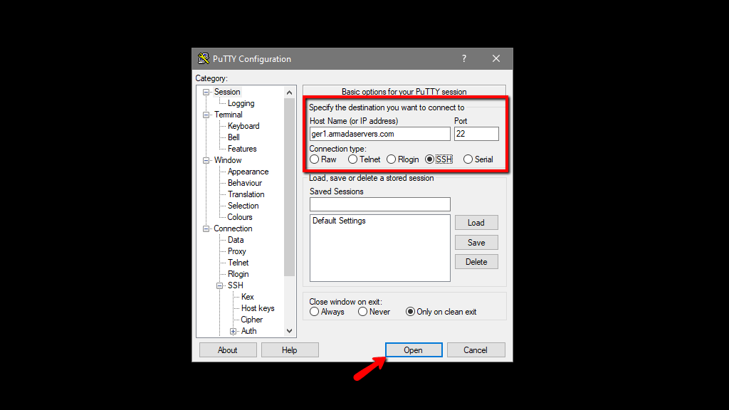 Opening connection to the server in PuTTY
