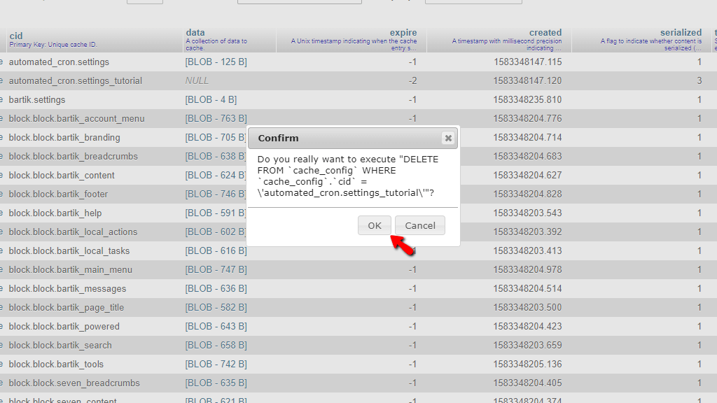 Database row deletion confirmation