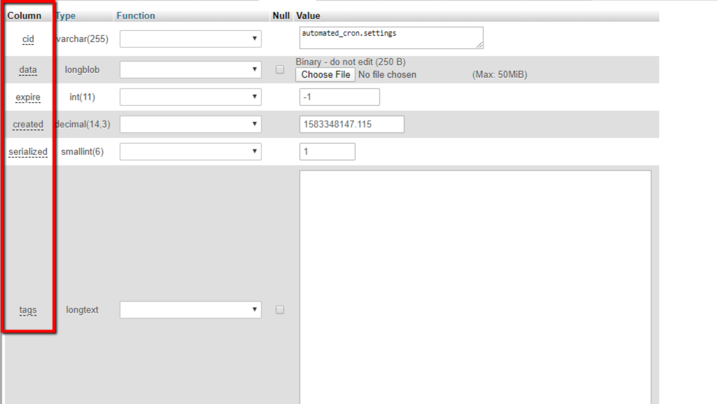 Database copy solumns