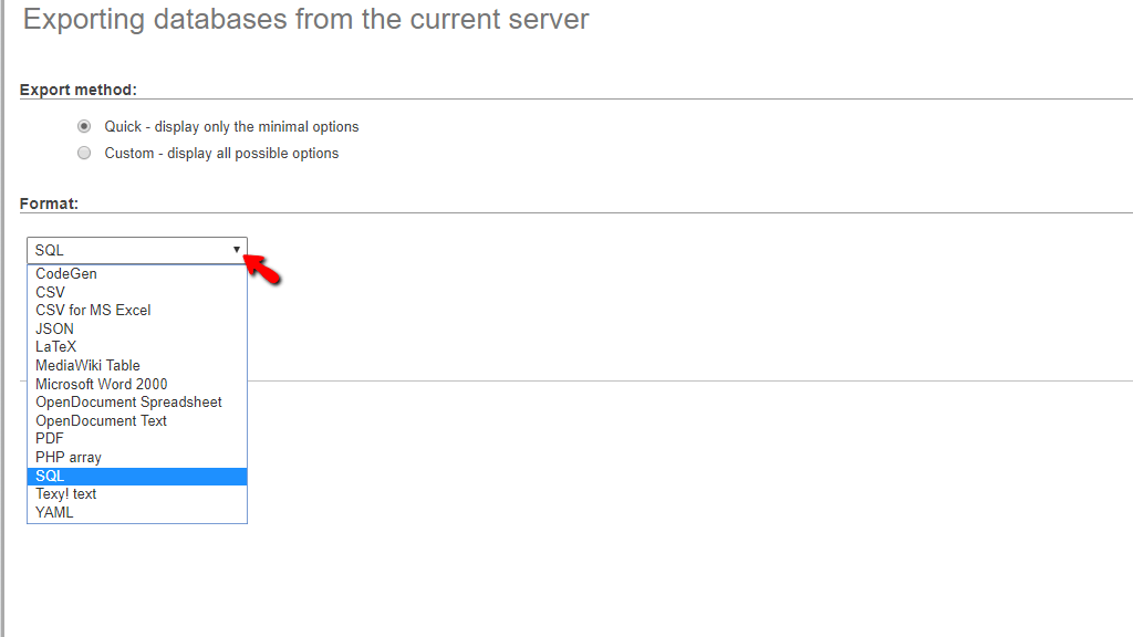 Select database export format