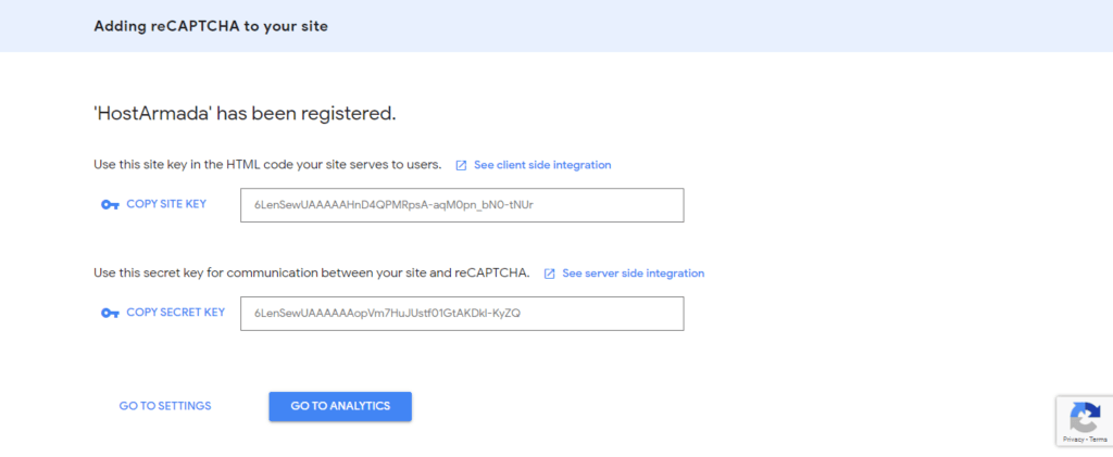 reCaptcha keys