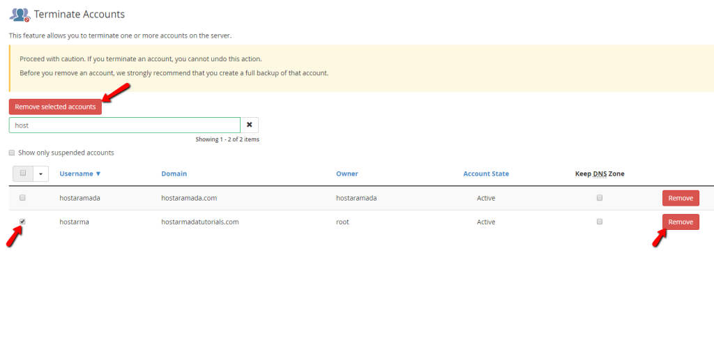 Removing selected cPanel account