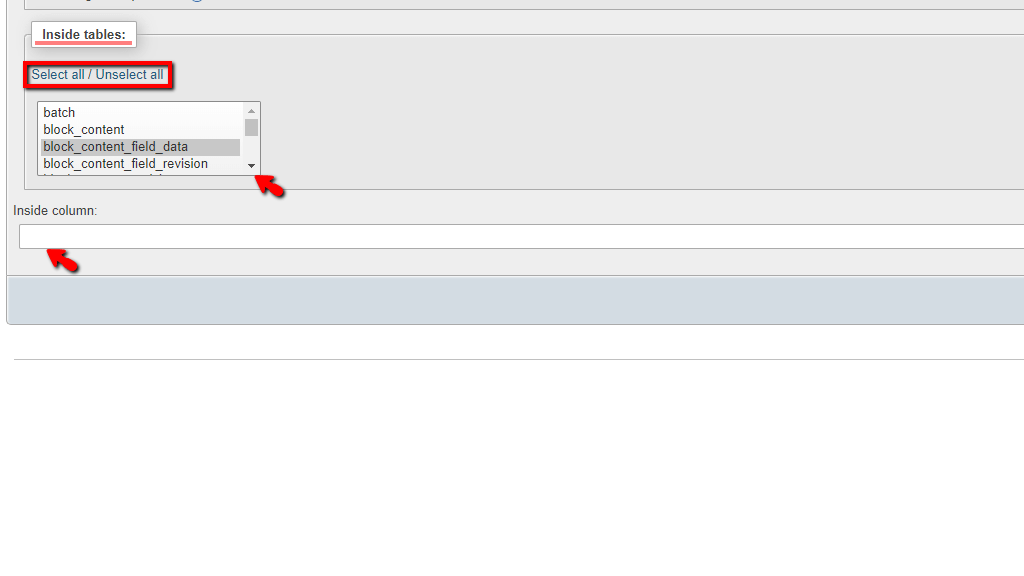 Select database table to search