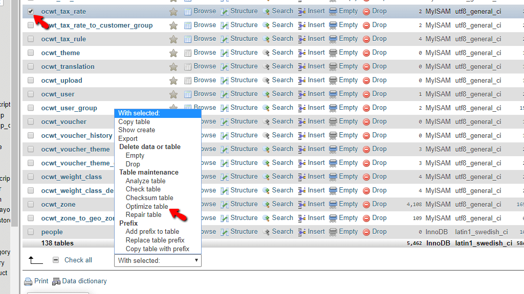 Select Table to Optimize