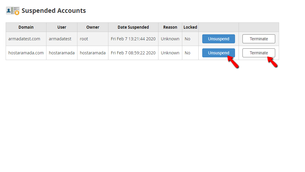 Unsuspend and Terminate buttons