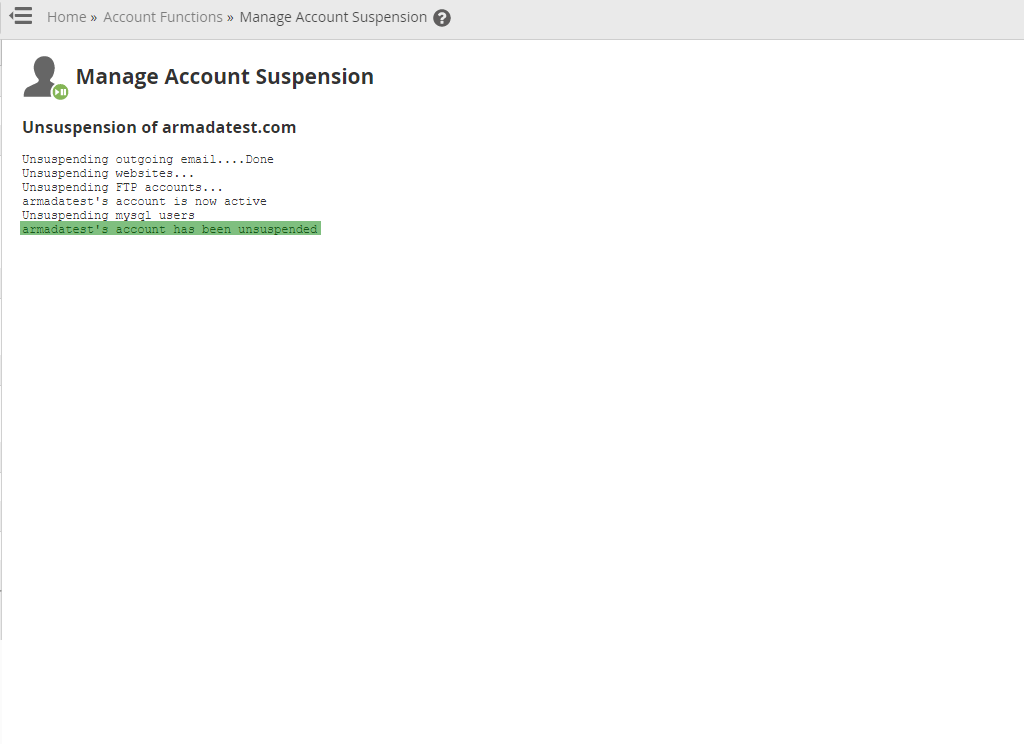 Unsuspended cPanel account changelog