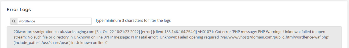 wordfence error after WordPress migration