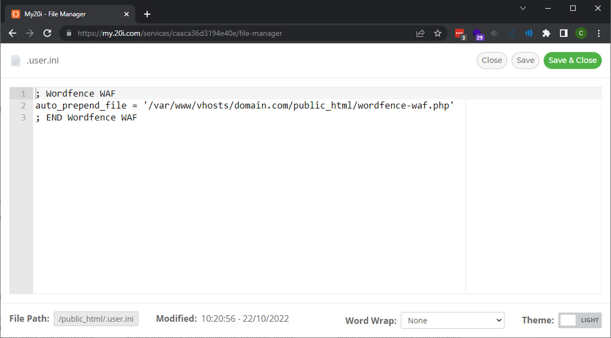 wordfence user ini setting to correct error 500 after WordPress migration