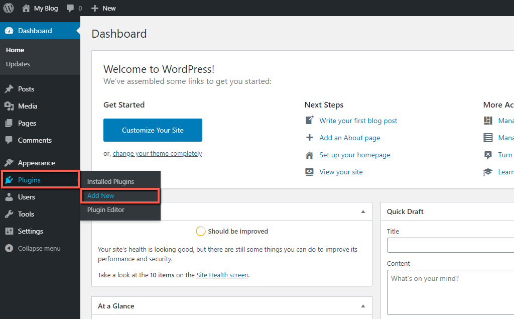 Access WordPress Plugin Installation section