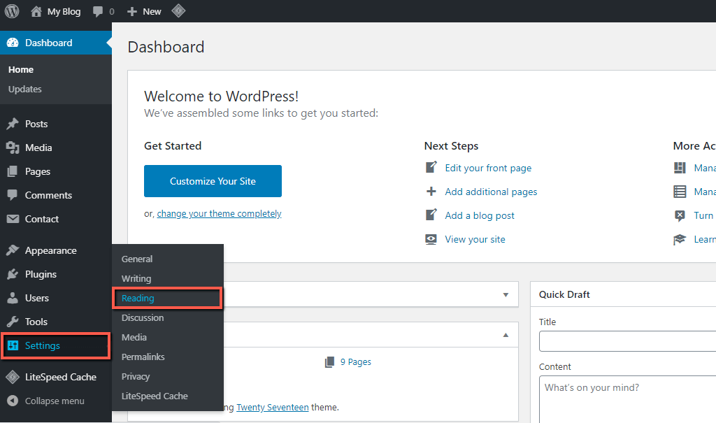 Access WordPress Reading Settings
