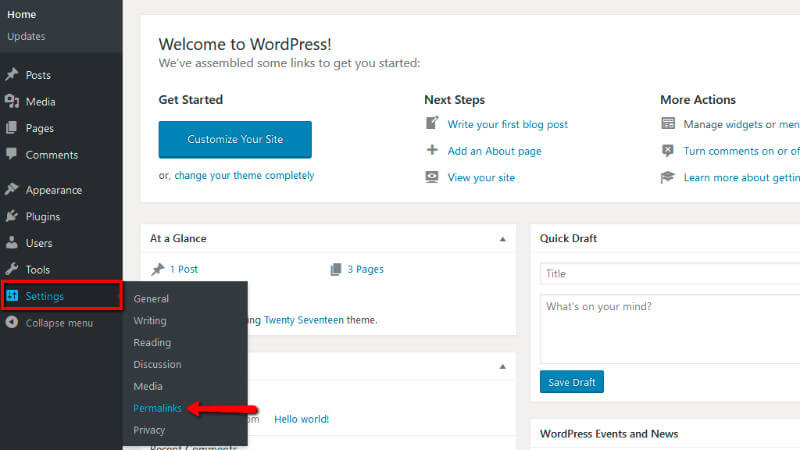 Accessing the Permalinks settings in Wordpress