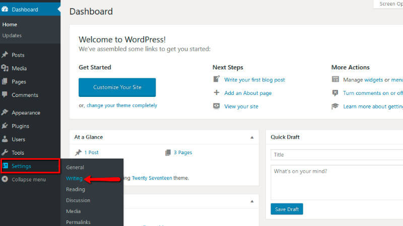 Accessing the writing settings