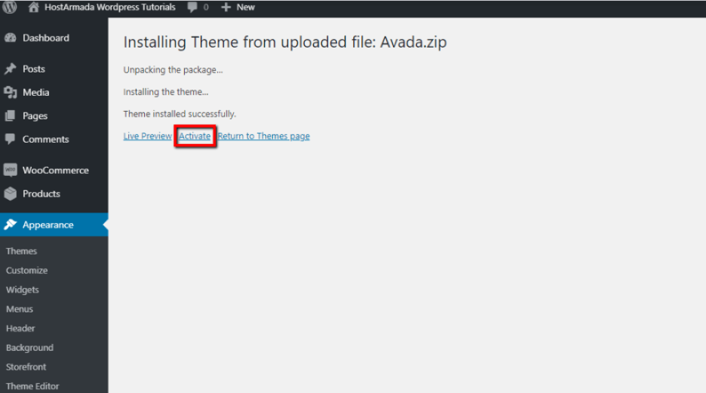 Activate Uploaded WordPress Theme