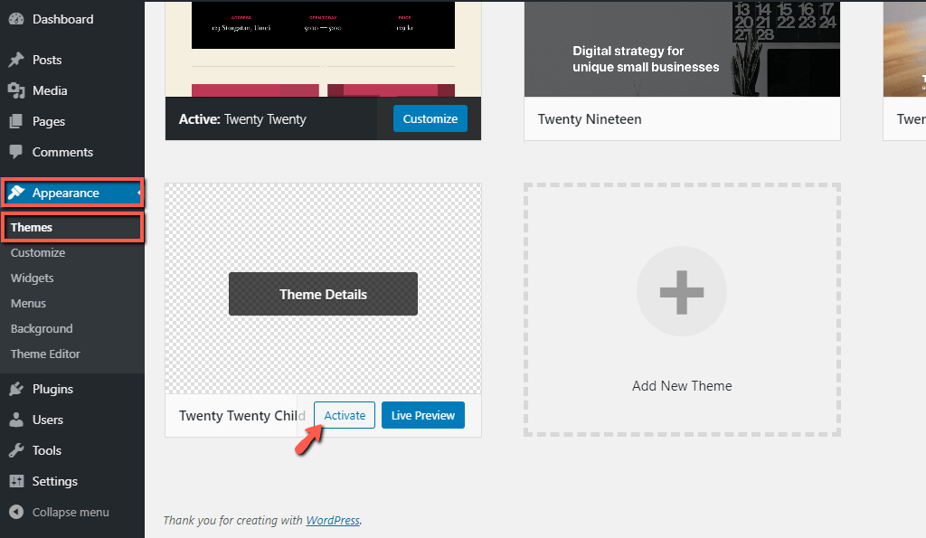 Activate WordPress Child Theme