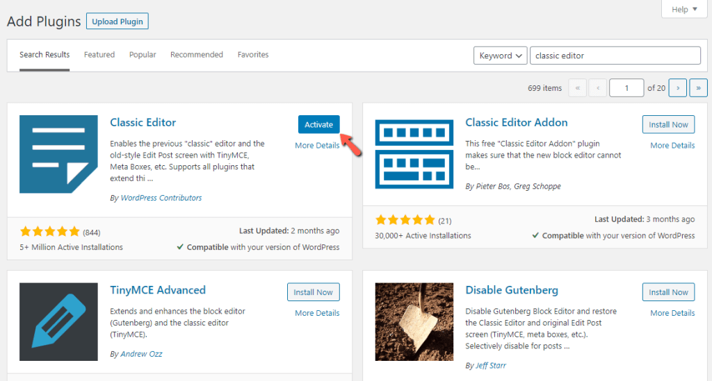 Activate WordPress Classic Editor