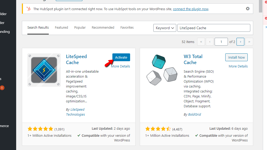 Activate WordPress LiteSpeed Cache Plugin