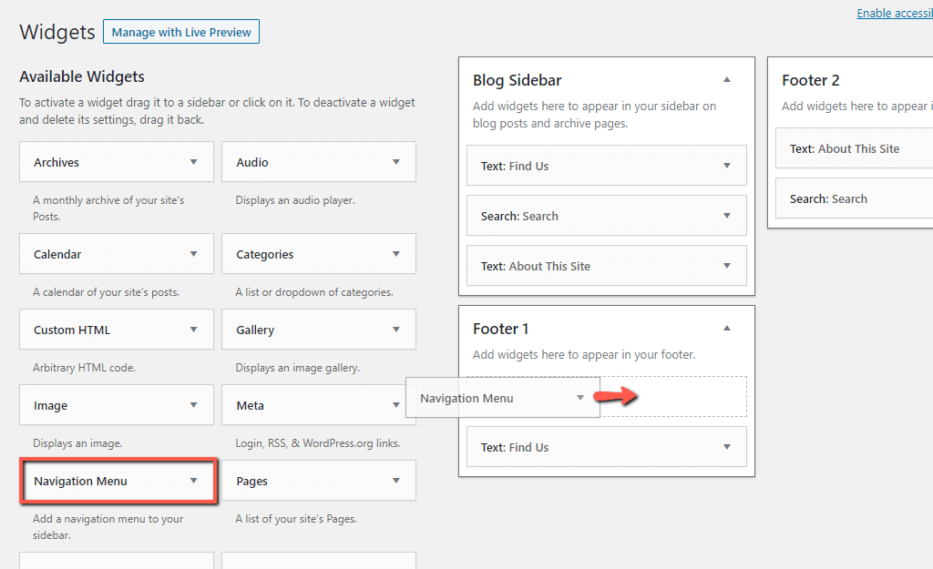 Add Navigation Menu Widget to WordPress Footer