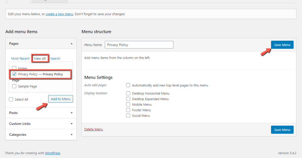Add Privacy Policy to WordPress Footer
