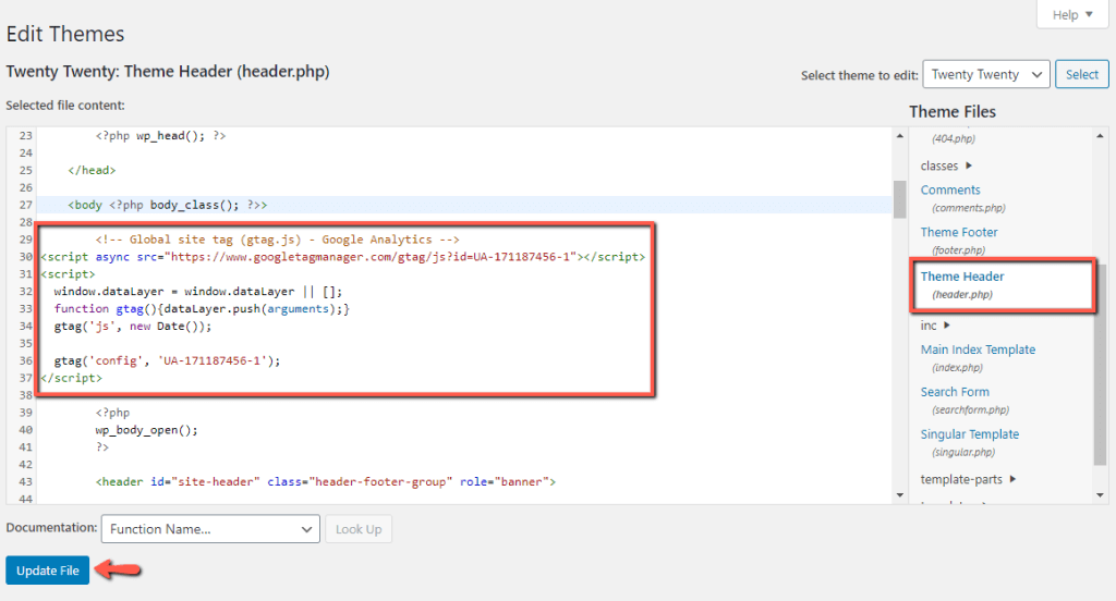 Add Google Analytics Tracking Code to WordPress header.php file
