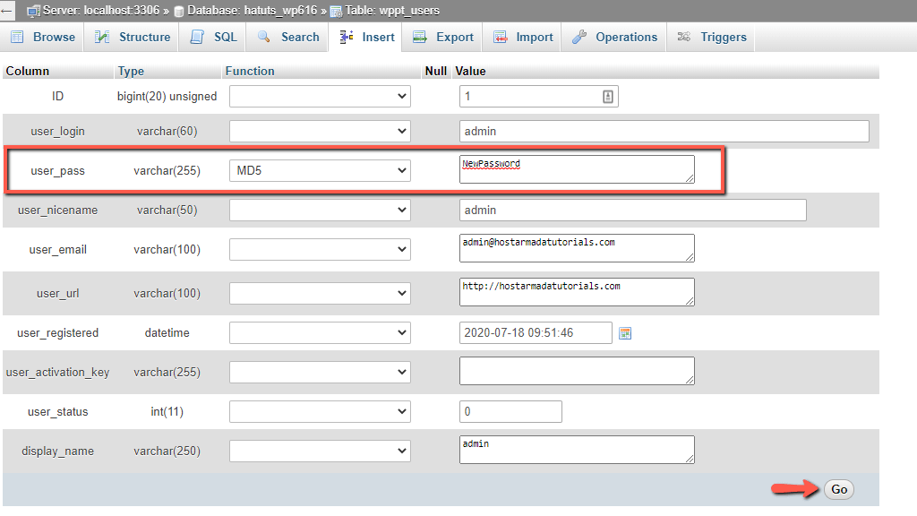 Change WordPress Admin Password from phpMyAdmin