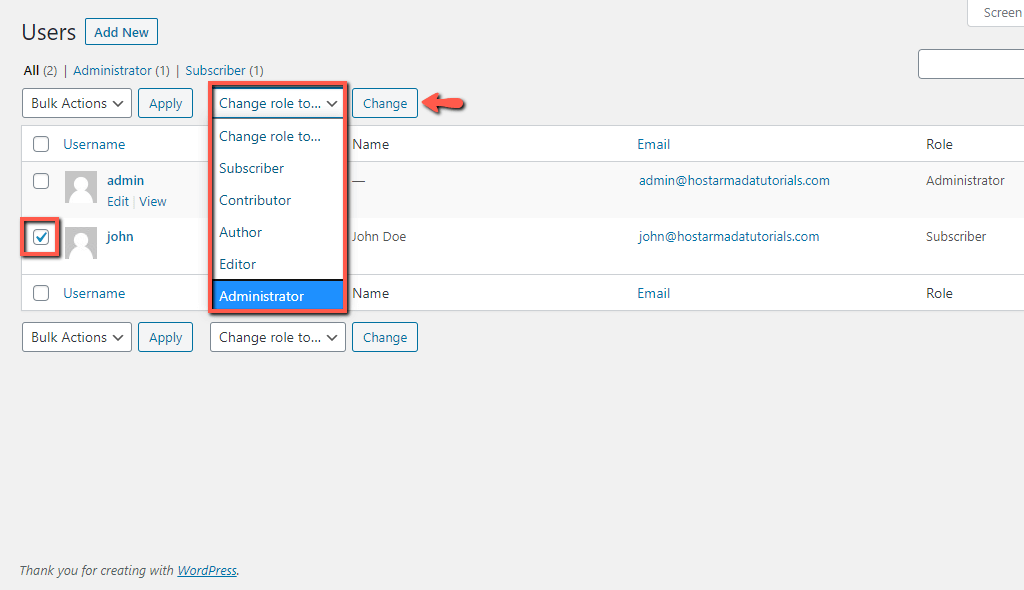 Change WordPress User Role
